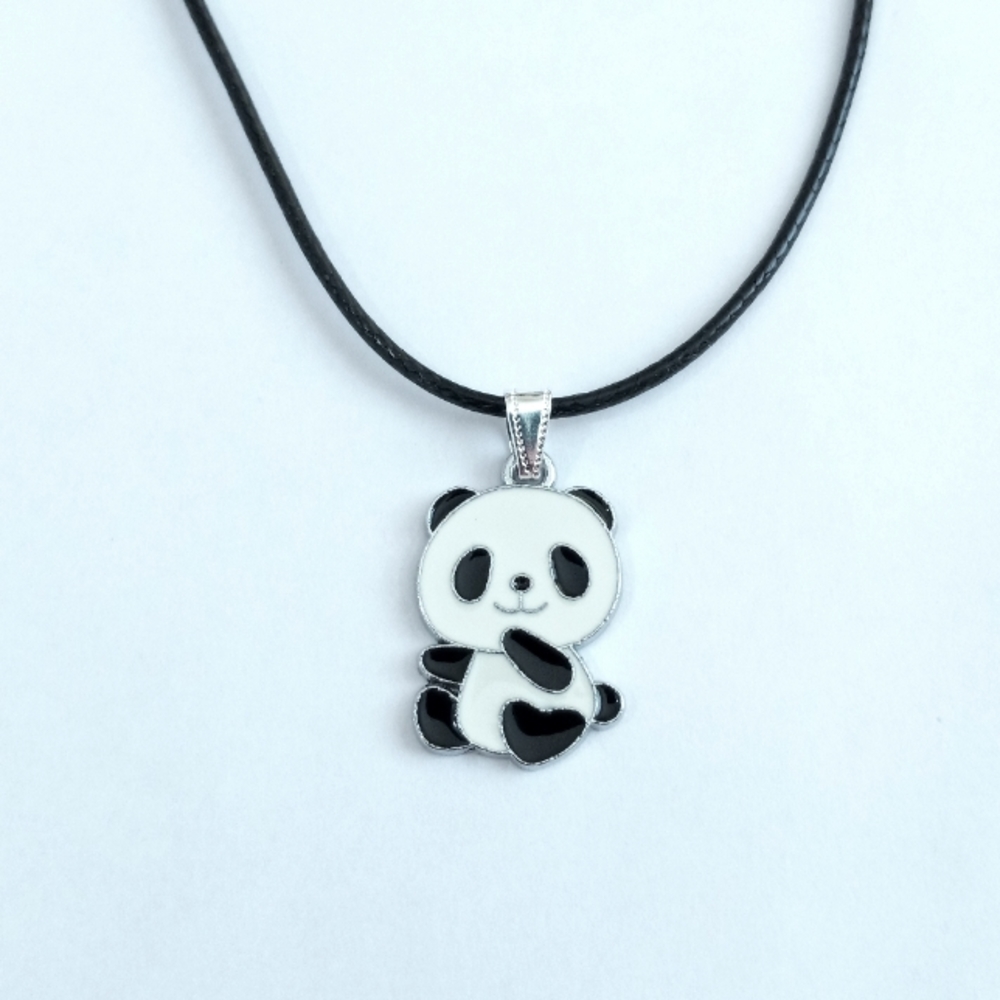Cute Panda Anime Silvertone/Enamel Pendant 18" Adjustable Chain Cord Necklace